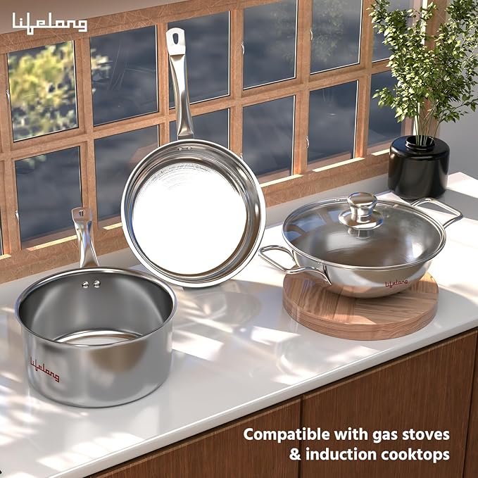 Lifelong Stainless Steel Cookware Set – Kadai, Fry Pan (22cm) with Glass Lid & Saucepan (14cm), Sandwich Bottom, Induction & Gas Compatible