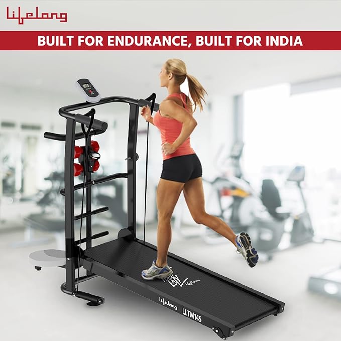 Lifelong LLTM145 Manual Multifunction Treadmill (Jogger, Twister, dumbbells holder, bottle holder), 2Level Manual Incline