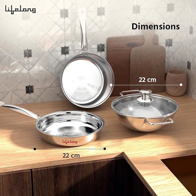 Lifelong Stainless Steel Cookware Set – Kadai, Fry Pan (22cm) with Glass Lid & Saucepan (14cm), Sandwich Bottom, Induction & Gas Compatible