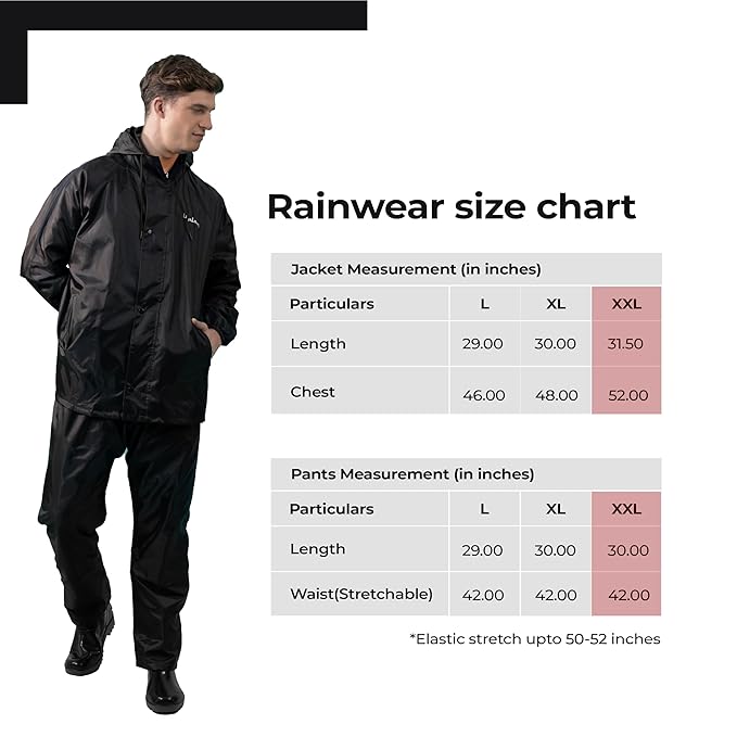 Lifelong Men’s Waterproof Reversible Raincoat with Hood & Mobile Pocket – Black XXL