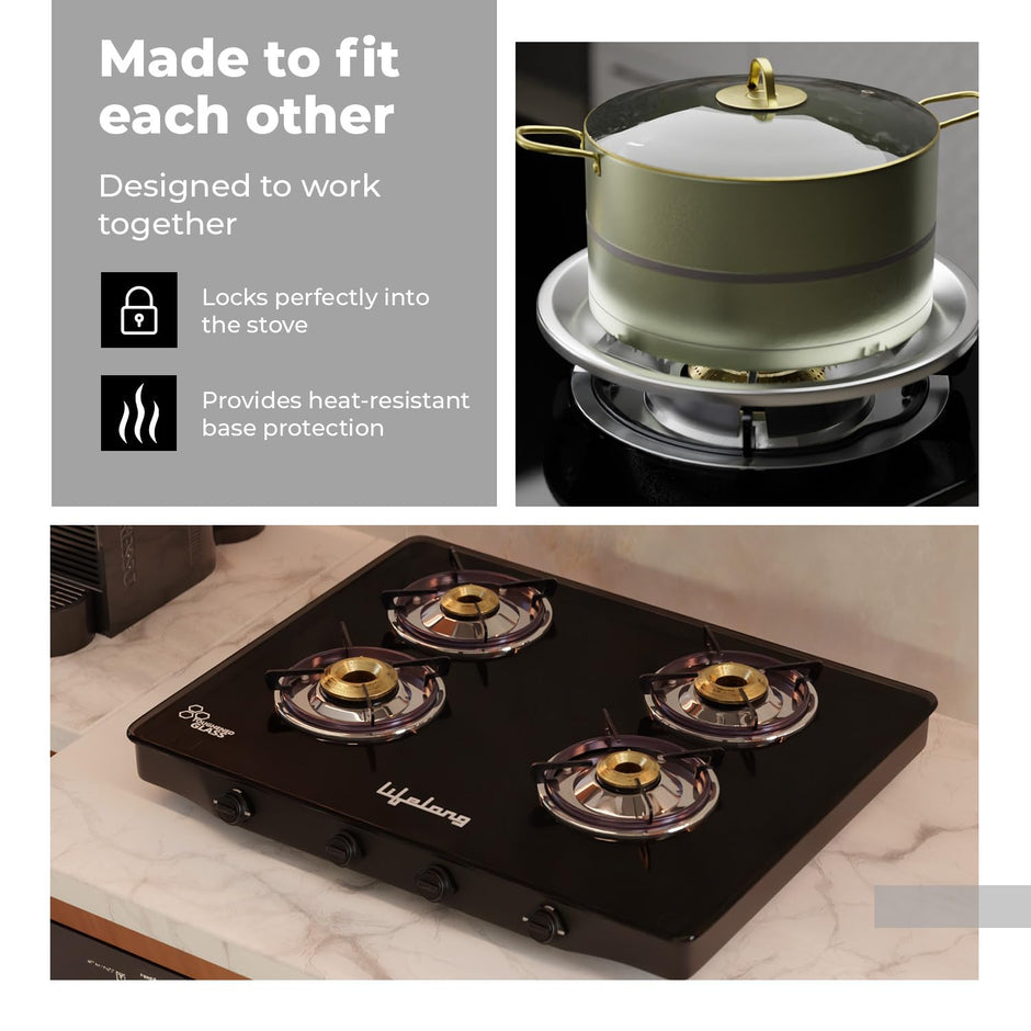 Lifelong 4 Burner Gas Stove with Free Gas Saver – ISI Certified Manual Ignition Glass Top Cooktop, LPG Compatible, Modern Design for Modular Kitchen