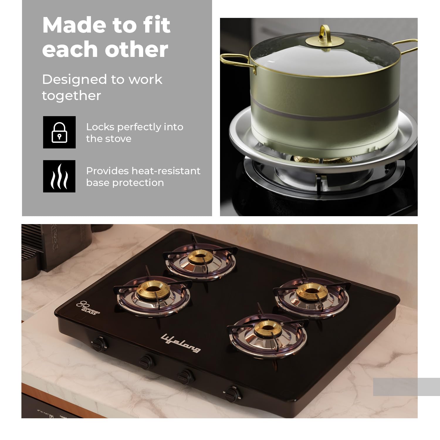 Lifelong 4 Burner Gas Stove with Free Gas Saver – ISI Certified Manual Ignition Glass Top Cooktop, LPG Compatible, Modern Design for Modular Kitchen