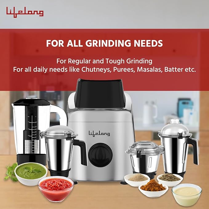 Lifelong 900W Mixer Grinder with 4 Jars & Stainless Steel Blades (Black)
