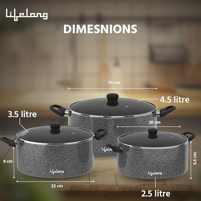 Lifelong Biryani Pot Set of 3 with Glass Lids – Non-Stick, Non-Toxic Induction Base Casserole Cookware