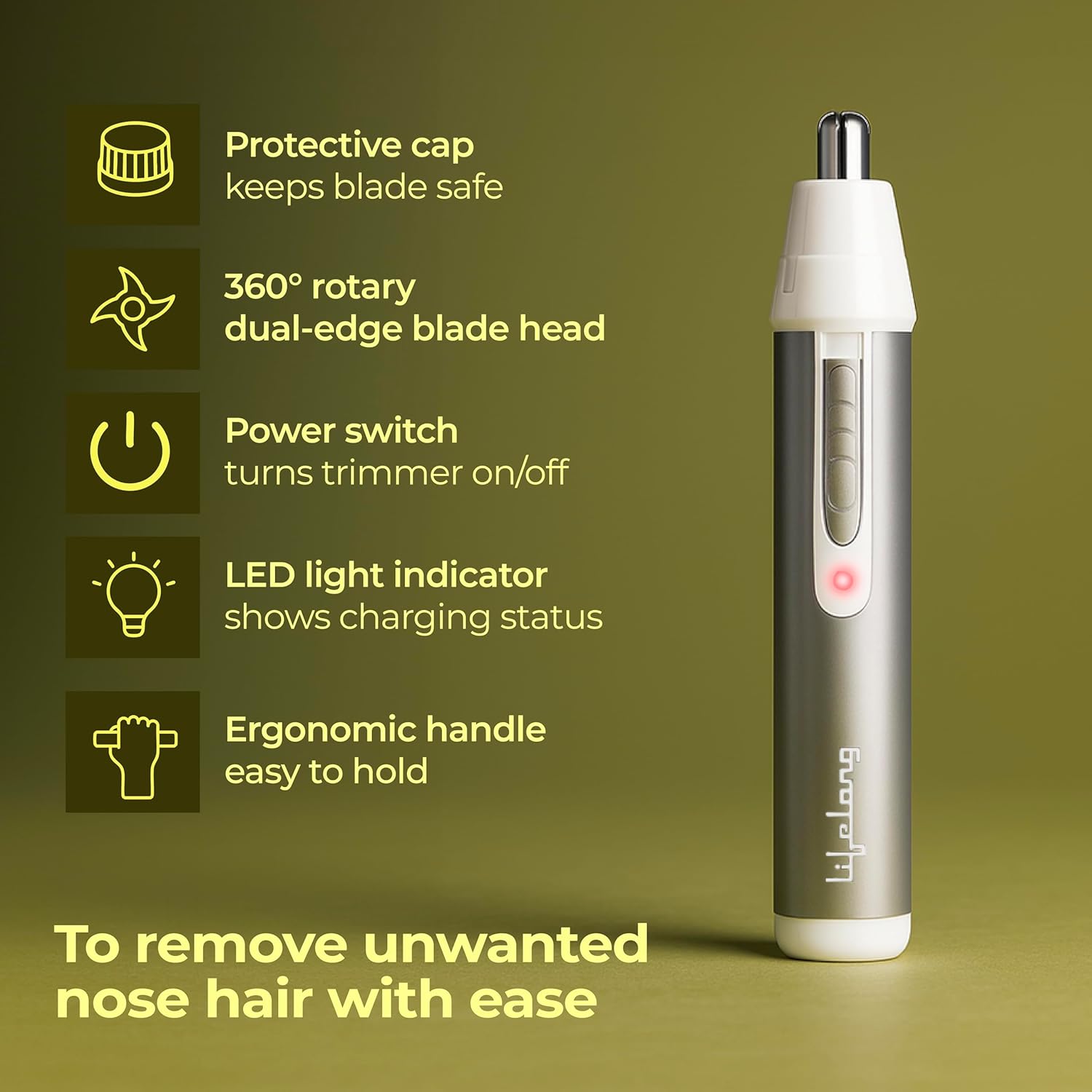 Lifelong Nose Hair Trimmer for Men & Women | Painless Battery-Operated Nose & Facial Hair Trimmer | Stainless Steel Blades | Easy-Clean | 40-Min Runtime (Silver)