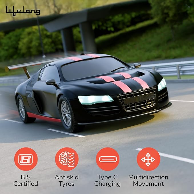 Lifelong Cuppy Remote Control Car Toy for Kids – 2.4GHz High-Speed Racing Car with LED Lights, Rechargeable Battery, Type-C Charging, Anti-Skid Tyres & Suspension (BIS Certified)