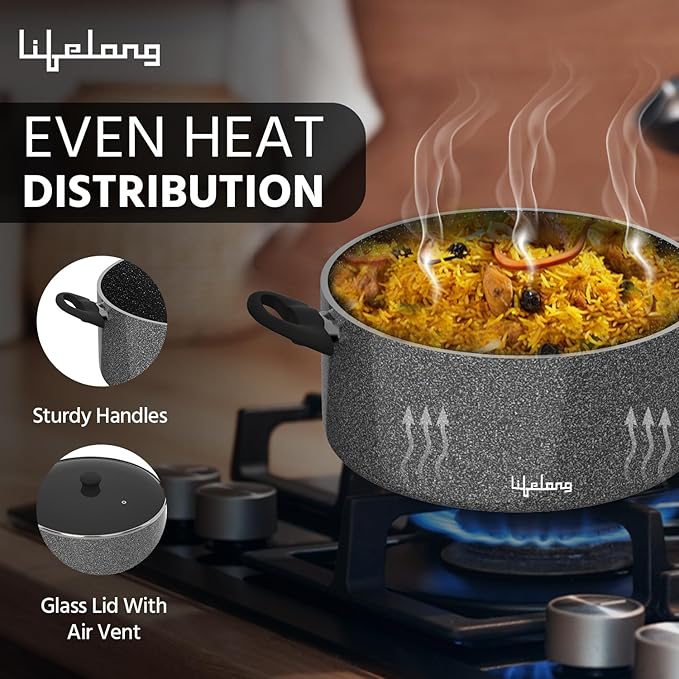 Lifelong Biryani Pot Set of 3 with Glass Lids – Non-Stick, Non-Toxic Induction Base Casserole Cookware