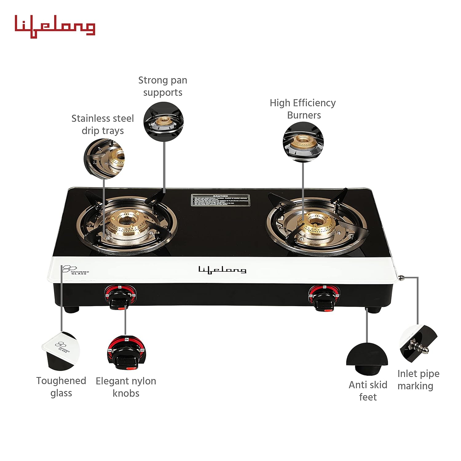 Lifelong Glass Top 2 Burner Gas Stove | Premium Design, Brass Burner| Toughened Glass High Thermal Efficiancy|Manual (Black and White) LLGS211, ISI Certified 2 Burners