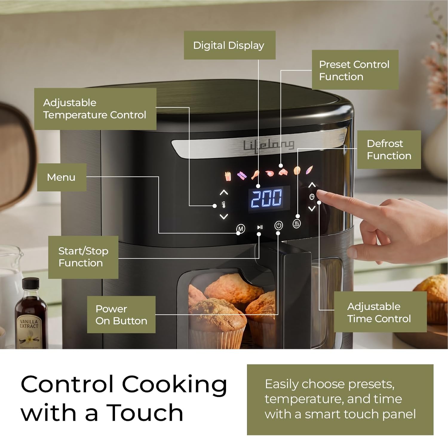Lifelong Air Fryer|7L Capacity, 1500W Power|7 Presets, 360° Rapid Air Circulation