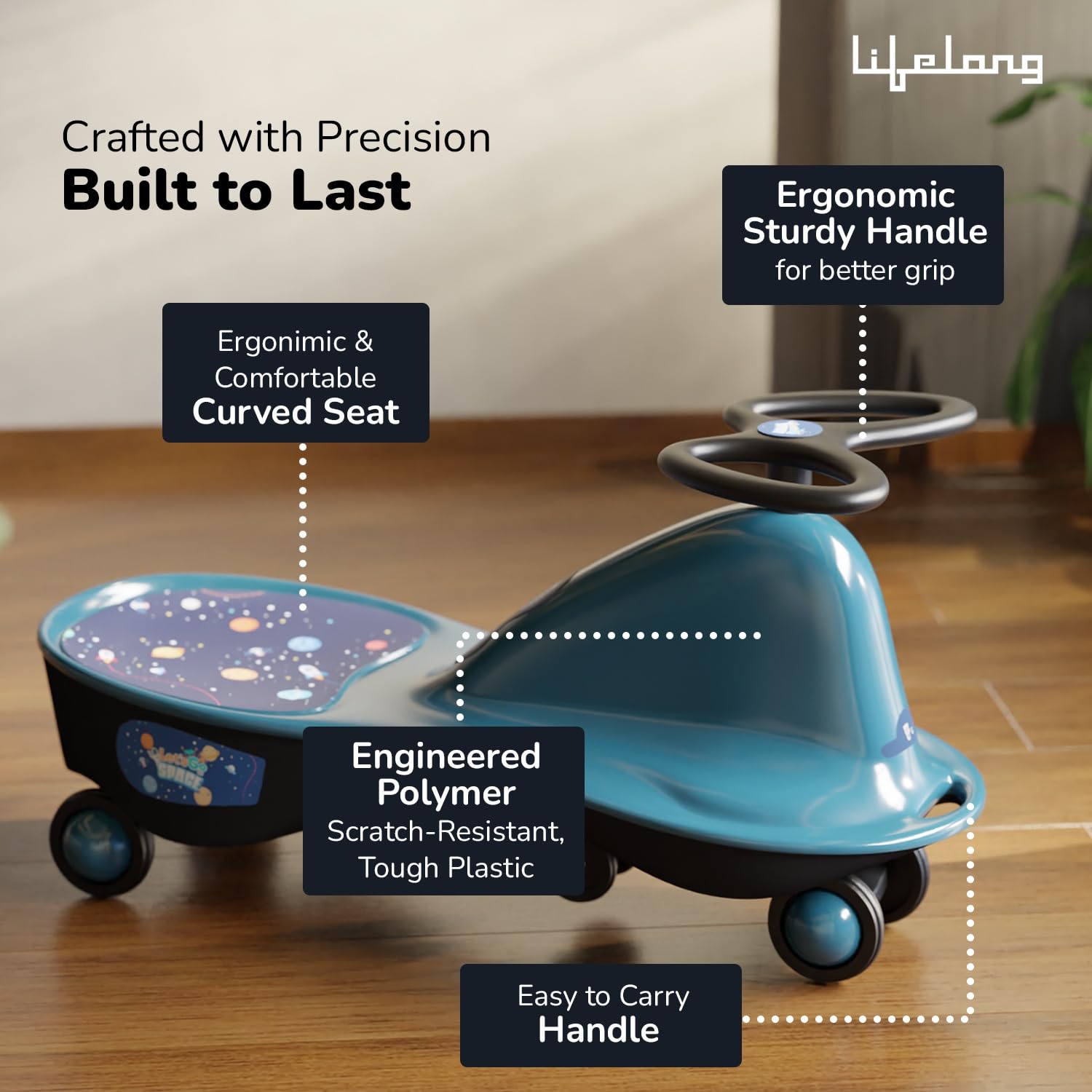 Lifelong Cuppy Swing Car for Kids (2–5 Years) – Twist & Turn Ride-On Toy, Sturdy Push Ride with 50kg+ Capacity, Indoor & Outdoor Use, DIY Sticker