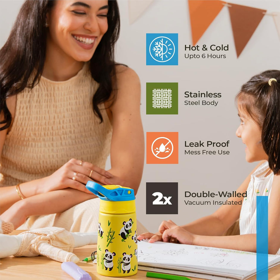 Lifelong 350ml Water Bottle for School Kids with Straw & Cleaner | Stainless Steel Insulated Spout Sipper Bottle for Boys & Girls| Leak-Proof | Hot & Cold for Upto 6 Hours ISI Certified(LLBT06,Yellow)
