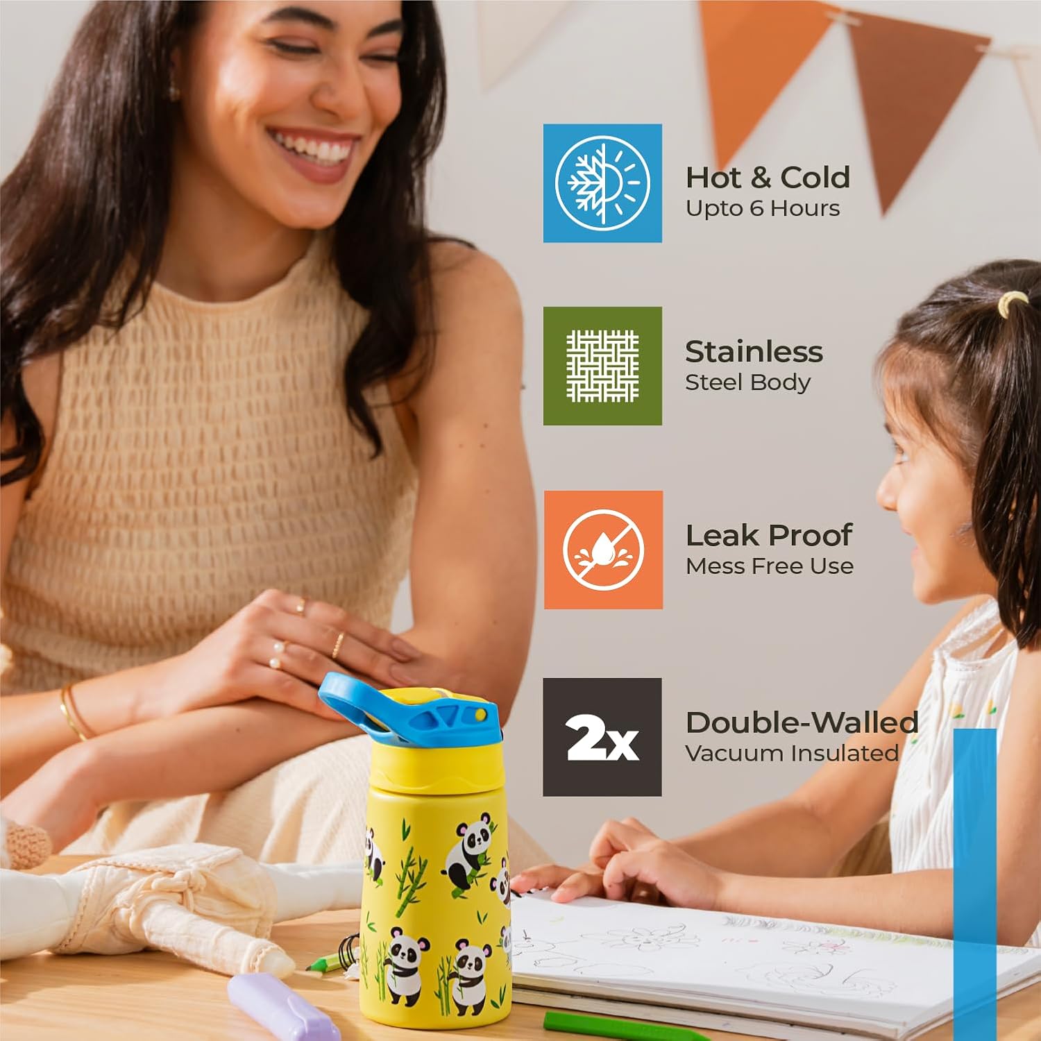 Lifelong 350ml Water Bottle for School Kids with Straw & Cleaner | Stainless Steel Insulated Spout Sipper Bottle for Boys & Girls| Leak-Proof | Hot & Cold for Upto 6 Hours ISI Certified(LLBT06,Yellow)