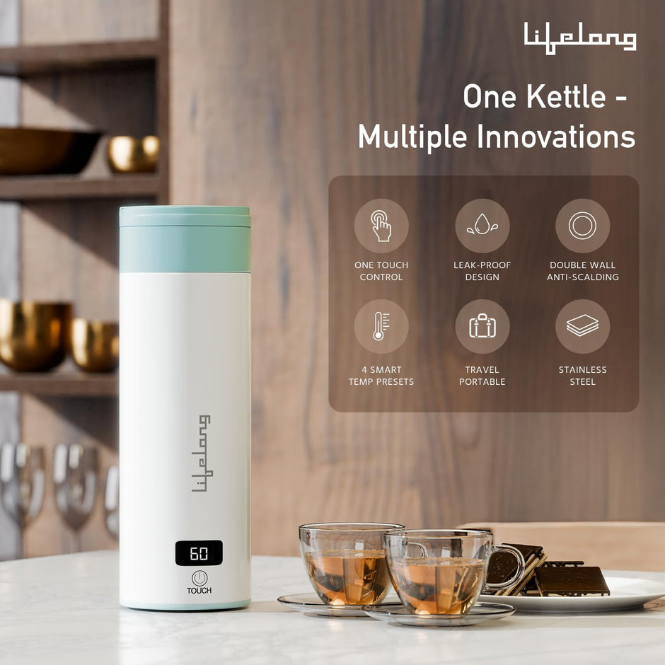 Lifelong 2-in-1 Portable Electric Kettle Bottle 400ml, Digital Touch, 4 Temp (LLEPK09)