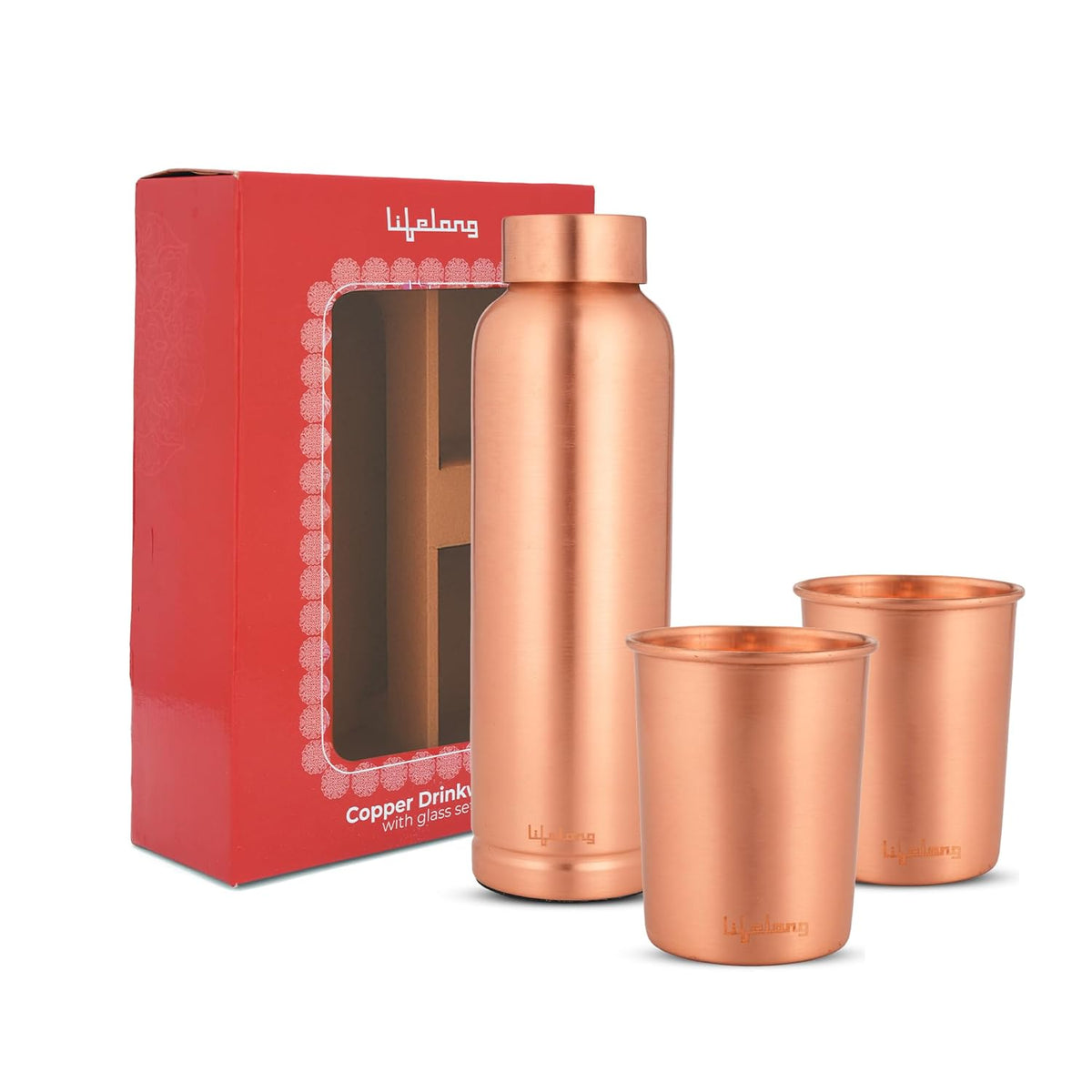Lifelong 950 ml Copper Water Bottle with Set of 2 Glass | Natural Alkaline Water | Leakproof & Lightweight Design Boosts Immunity | Anti-Bacterial, BPA Free & Secure Cap for School, Travel, Gym & Work Minimalist