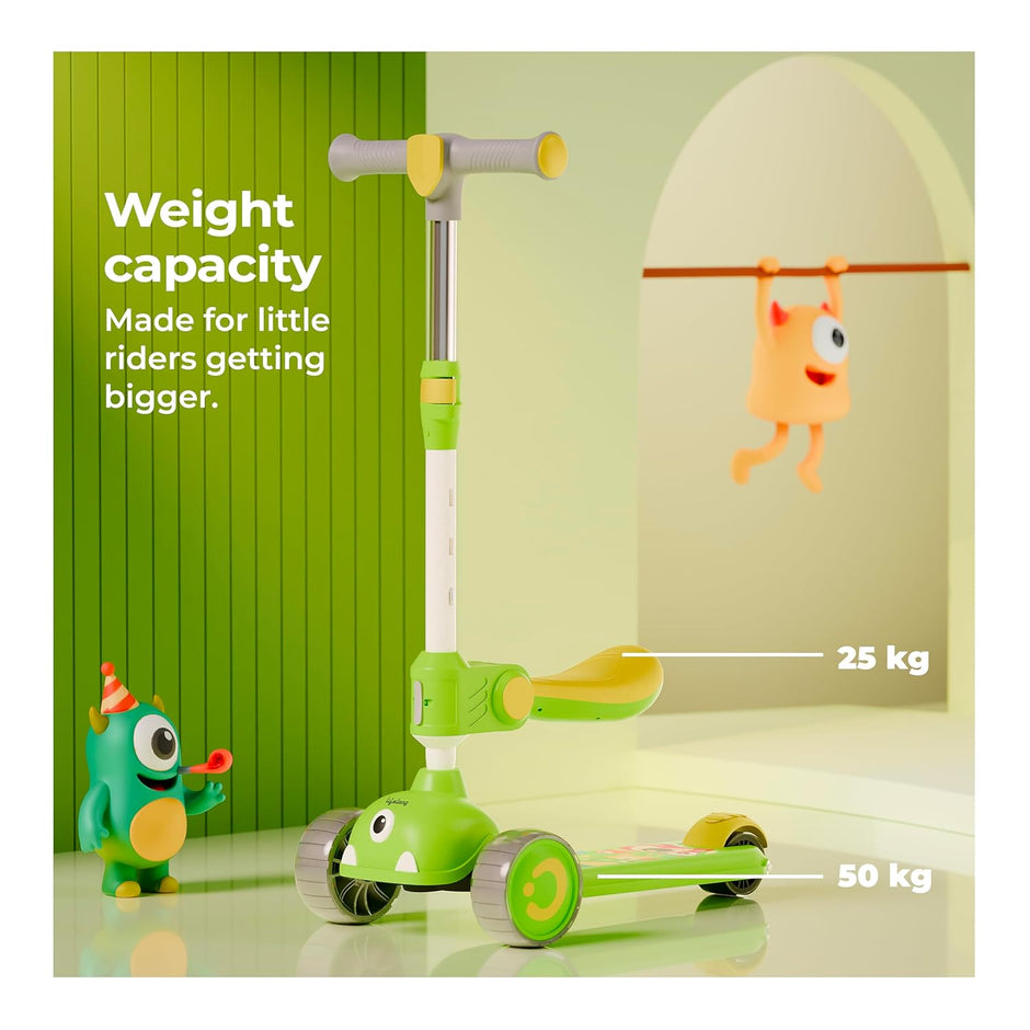 Lifelong Kids Scooter with Foldable Seat – LED PU Wheels, 4-Level Adjustable Height, BIS Certified, 50kg Capacity (Green & Yellow)