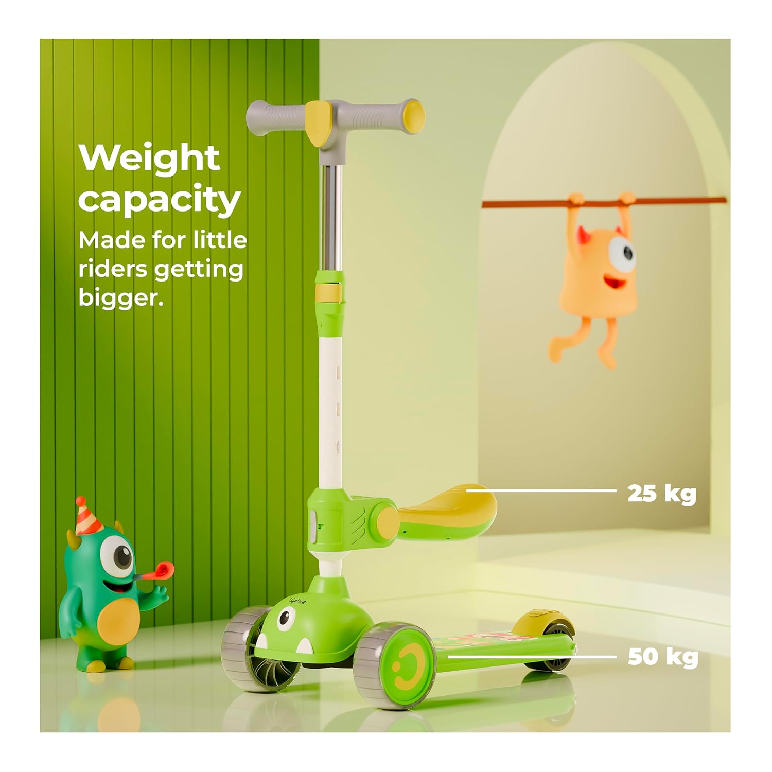 Lifelong Kids Scooter with Foldable Seat – LED PU Wheels, 4-Level Adjustable Height, BIS Certified, 50kg Capacity (Green & Yellow)