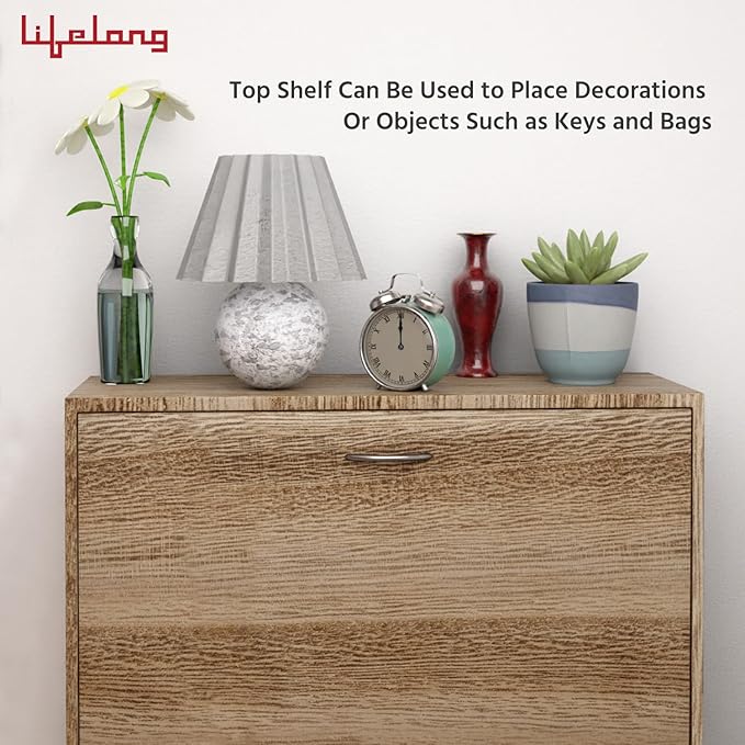Lifelong Wooden Shoe Rack – 2 Flip Drawer Space-Saving Organizer, Oak Finish