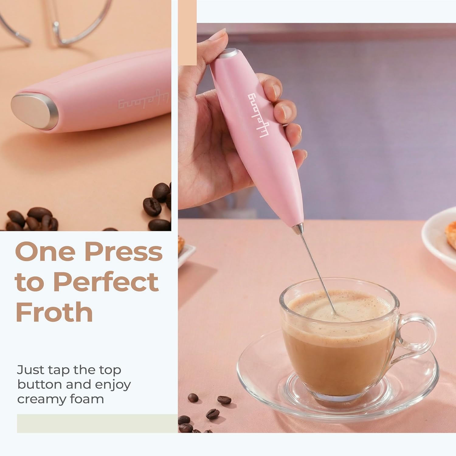 Lifelong Handheld Milk & Coffee Frother with Stand | 2AA Battery-Operated, Stainless-Steel Whisk | Foamer for Coffee, Cream, Matcha, Egg Beater | Portable Kitchen Appliance for Whipping & Mixing(Pink)