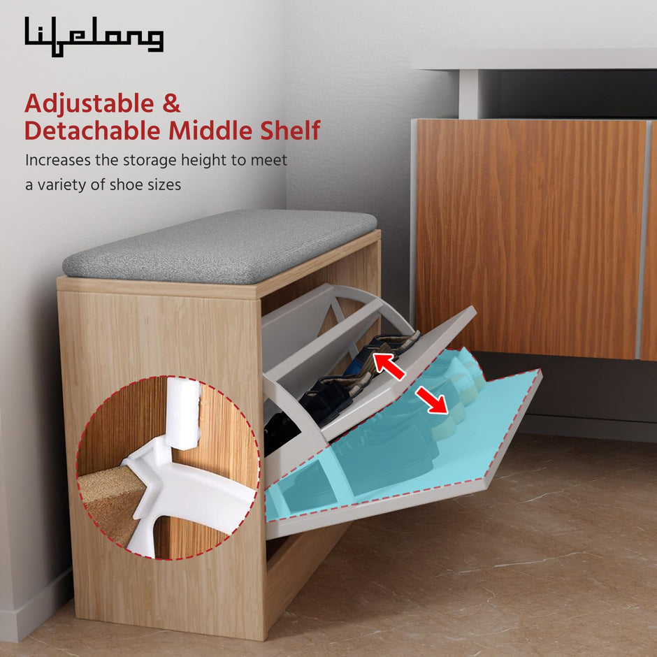 Lifelong Wooden Shoe Rack with Cushioned Seat for Home Entryway