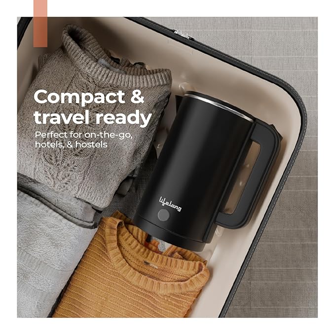 Lifelong 1.5L Electric Kettle – 1500W Stainless Steel Double Wall Kettle with Cool Touch Body, Auto Shut-Off & Overheat Protection (Black