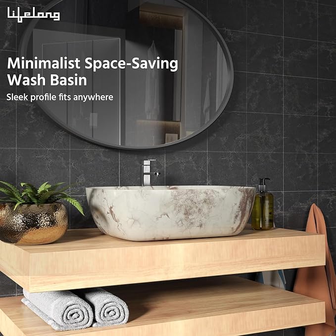 Ceramic Tabletop Wash Basin – Glossy Round Countertop Sink (White Brown)