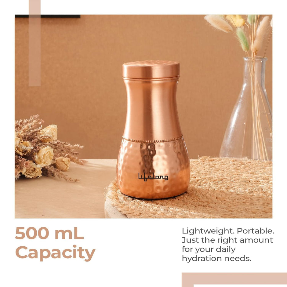 Lifelong Premium  Pure Copper -Plain Bed Side Jar Pot Elegant and Stylish Water Bottle 1L