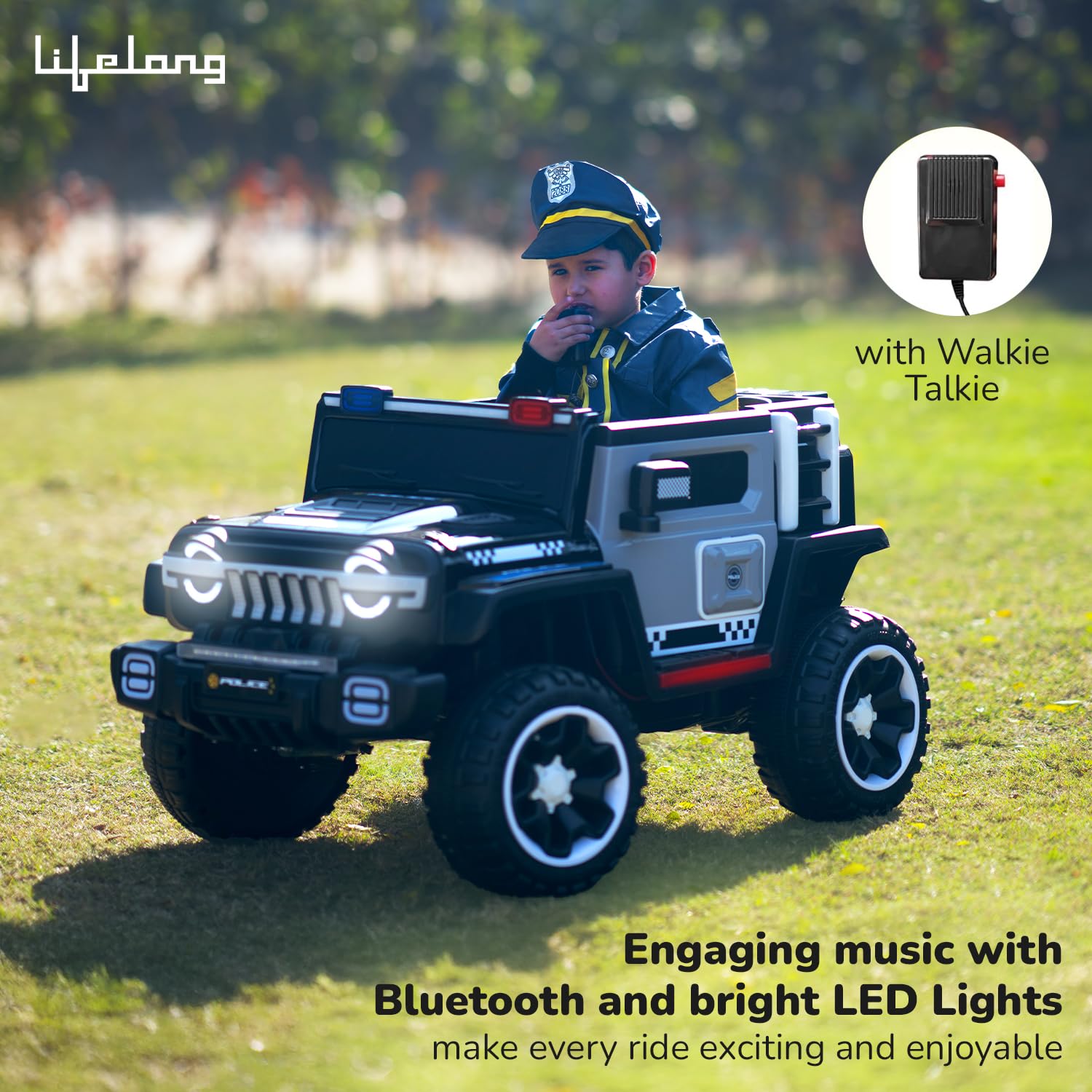 Lifelong Cuppy Electric Ride-On Police Big Car – Rechargeable Battery Jeep with Music, Mic & LED Lights for Kids 2+