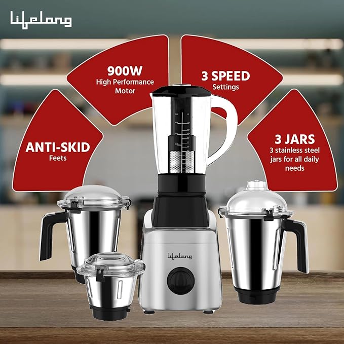 Lifelong 900W Mixer Grinder with 4 Jars & Stainless Steel Blades (Black)