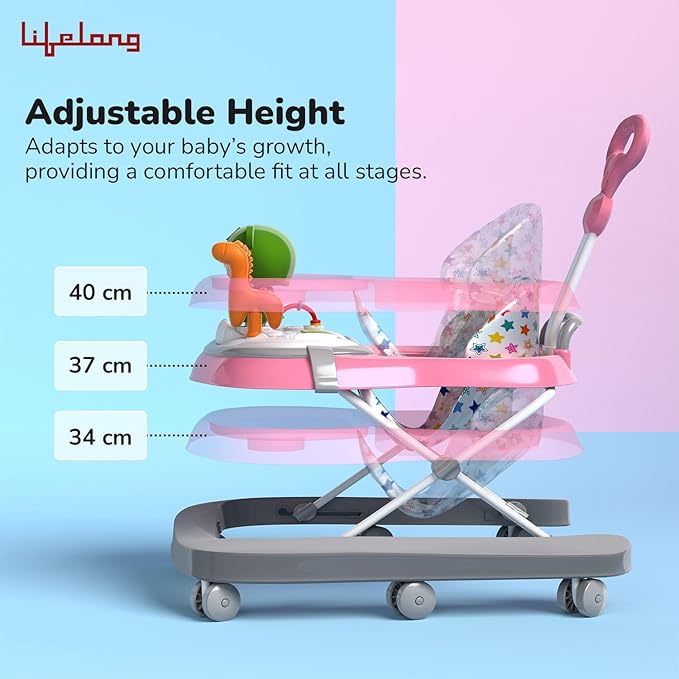 Lifelong Cuppy 3-in-1 Baby Walker for 6-24 Months | Adjustable Height Walker with Parental Handle | Musical Piano, Feeding Tray & Padded Seat for Comfort