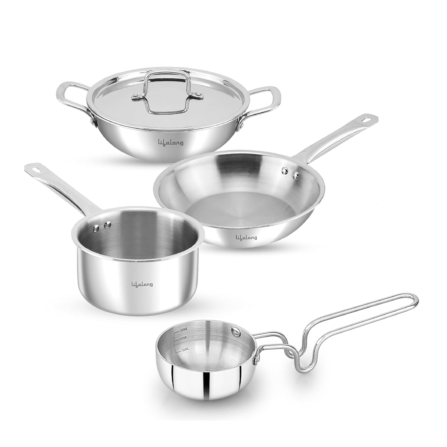 Lifelong Triply 5 piece cookware Set| Triply Kadai, Frypan, Saucepan & Tadka Pan for Cooking | 22cm Kadai (2L) & Fry Pan (1.25L) 22cm|16cm Saucepan (1.2L) & Tadka Pan 10 Cm with Common Lid (LLTPC01)|Induction and Gas Stove Compatible Combo of 5