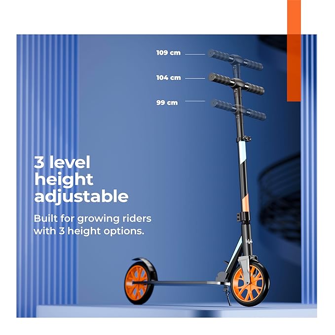 Lifelong Adult Kick Scooter – Adjustable Height, Lightweight Aluminium Frame, Foldable Design for Outdoor Riding (Black & Orange)