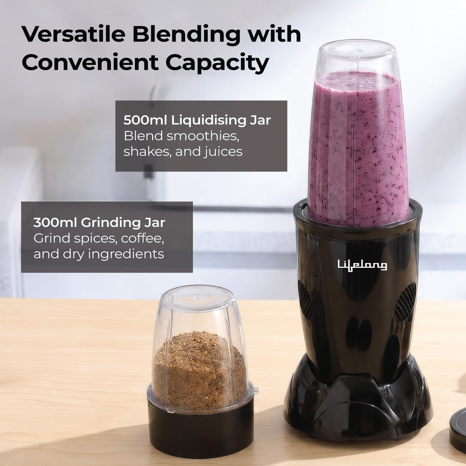 Lifelong Nutri Blender with 2 Jars (500ml & 300ml)| 450W Motor, 3 Speed with Pulse, Dual SS Blades(2-Leaf & 4-Leaf)