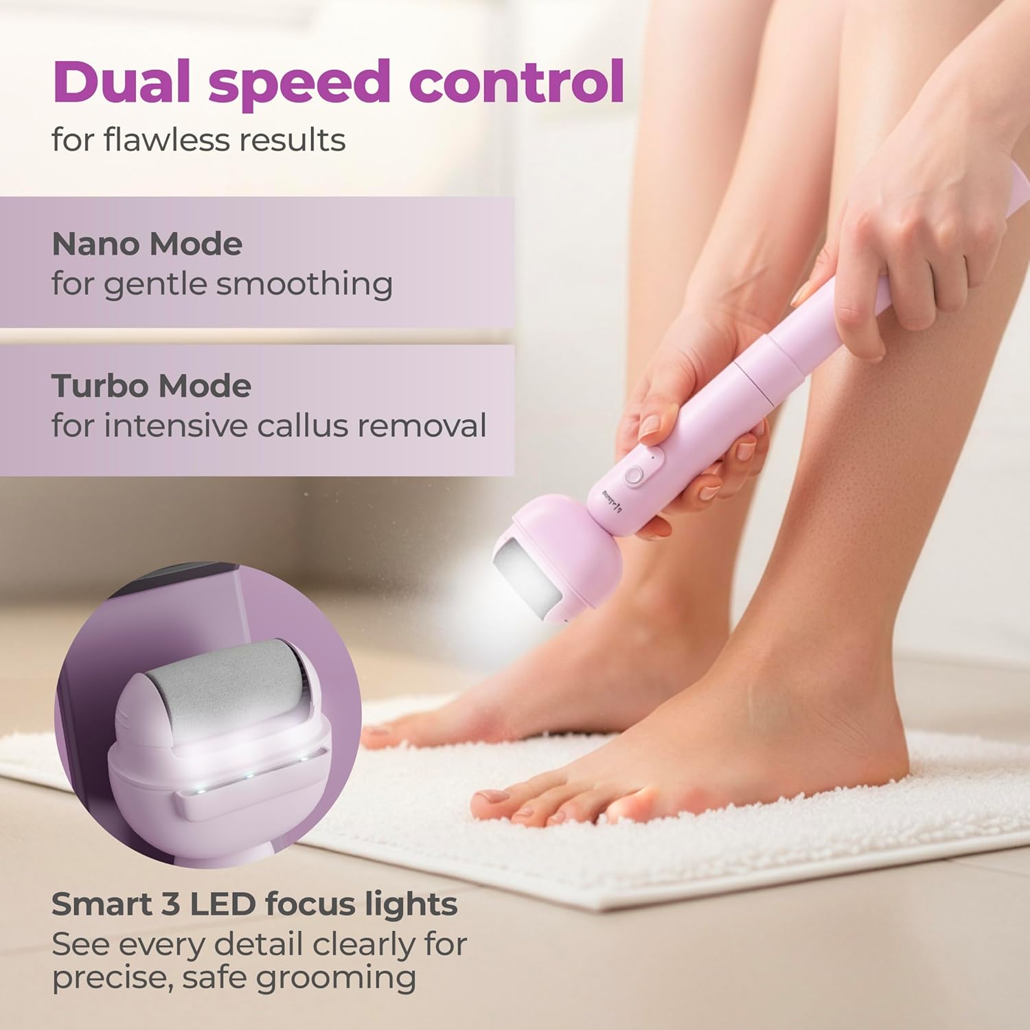 Lifelong PediGlide Luxe Electric Callus Remover for Feet | Waterproof Pedicure Machine with 3 Roller Heads, 2 Speeds, Type-C Charging & Focus Light