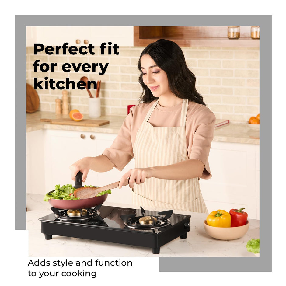 Lifelong 2 Burner Gas Stove with Gas Lighter | Modern Glass Stove with 6mm Toughened Glass | High-Efficient Manual Ignition Cooktop | ISI Certified & LPG Compatible | 360Â° Flexible Gas Inlet (Black)