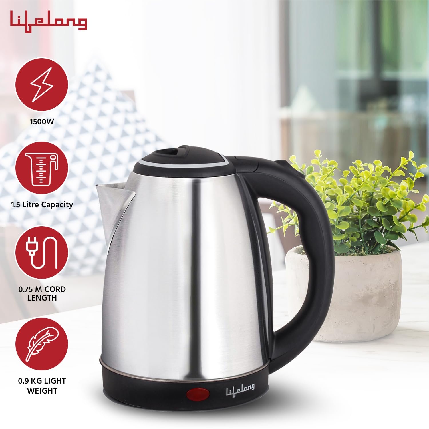 Electric Kettle 1.5L with Stainless Steel Body, Easy and Fast Boiling of Water for Instant Noodles, Soup, Tea etc.
