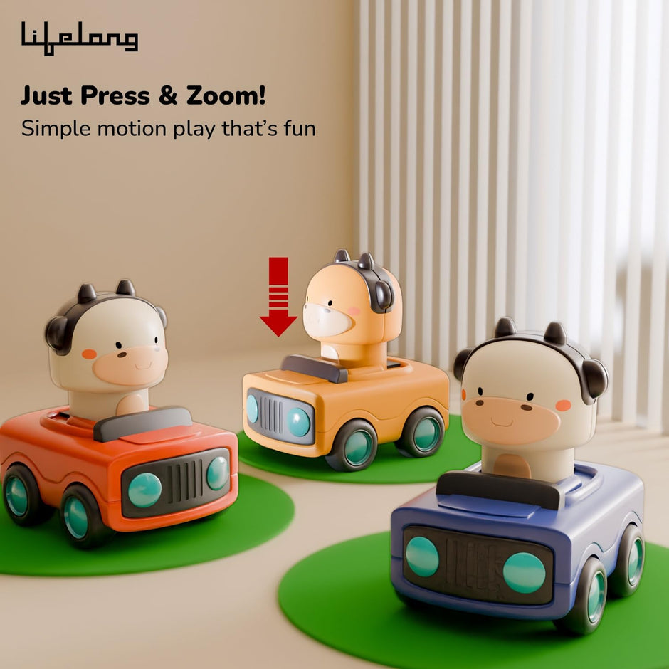 Lifelong Cuppy Animal Press & Go Toy Cars | Friction-Powered Pack of 3 for Kids