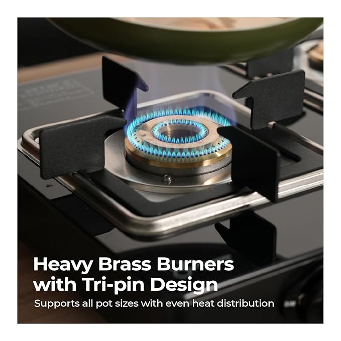 Lifelong 2 Burner Glass Gas Stove – Square Pan Support, ISI Certified, Black