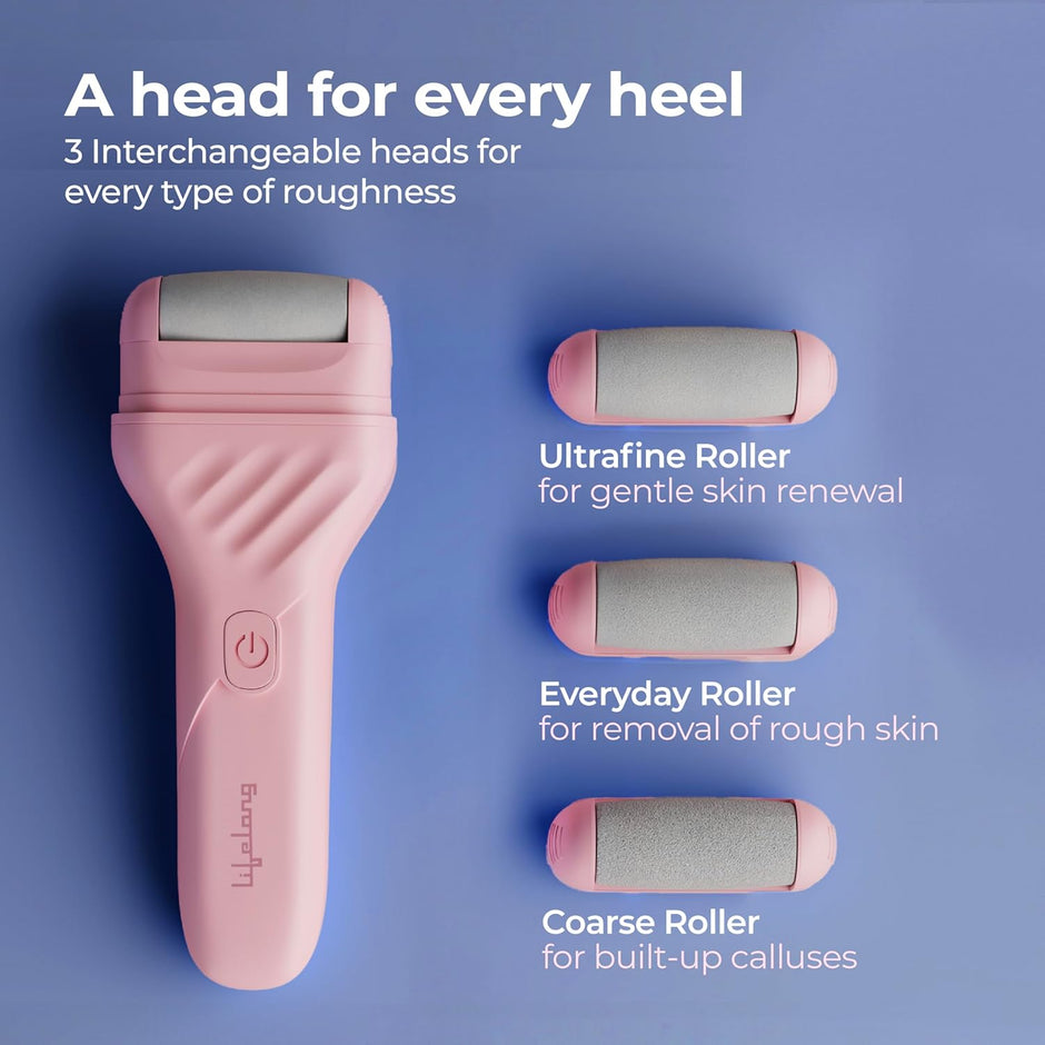 Lifelong PediGlide Luxe Electric Callus Remover for Feet | Rechargeable Foot Scrubber with 3 Roller Heads, 2 Speeds, Type-C Charging & Focus Light