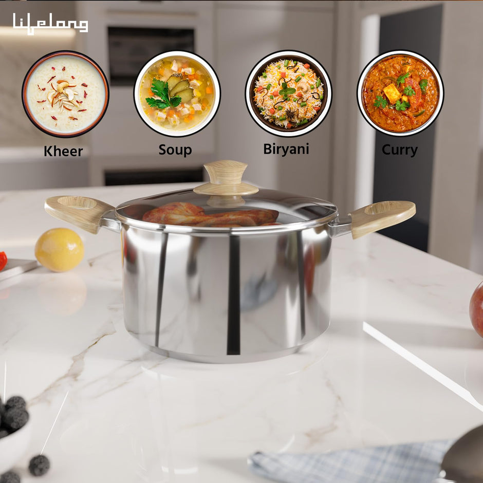 Triply Stainless Steel Sauce Pan with Glass Lid – 20 cm, 3.25L (Silver)