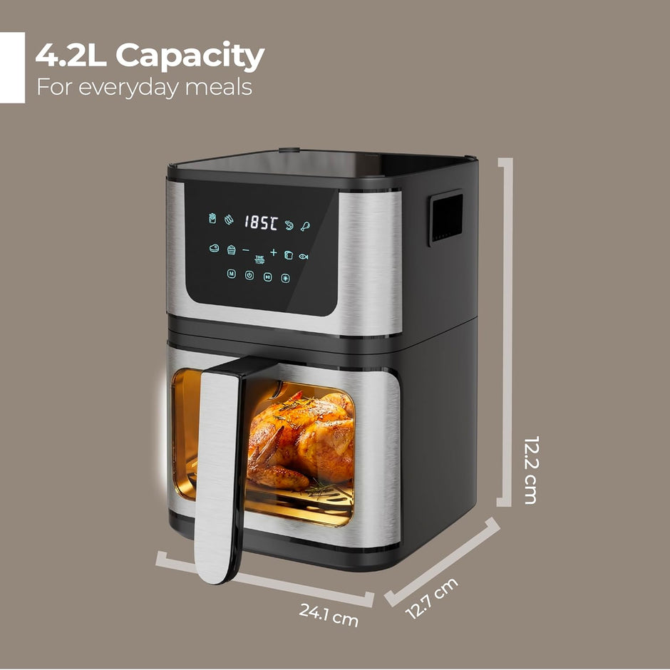Lifelong BRIK 2-in-1 Air Fryer & Barbeque | 1350W Power, 8 Presets | 4.2L Basket with Glass Window | Flip Design for Air Frying & Grilling | Low Oil Cooking, 360Â° Rapid Air Technology |LED Touch Panel Silver & Black