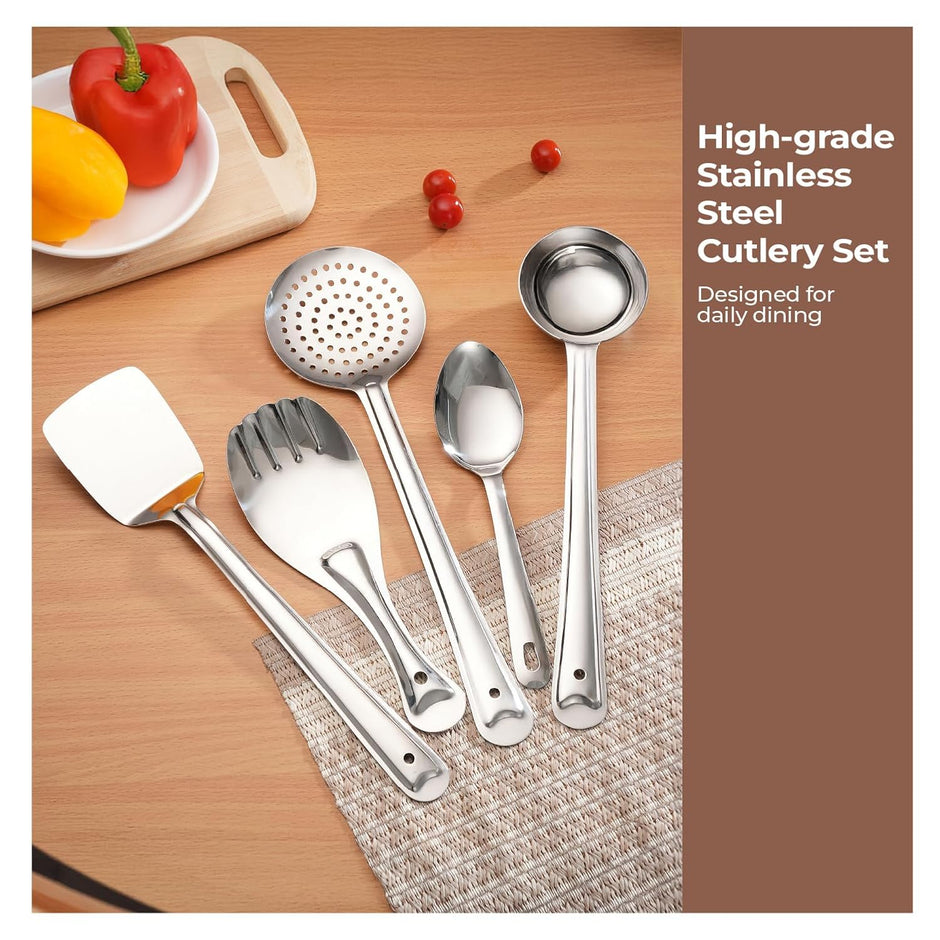 Lifelong Stainless Steel Cooking Utensils Set â€“ 5 Piece Serving Spoon Set for Kitchen with Ladle, Skimmer, Spatula, Basting and Rice Spoon â€“ Kitchen Utensil Set for Daily Use (LLCTKT05, Silver)