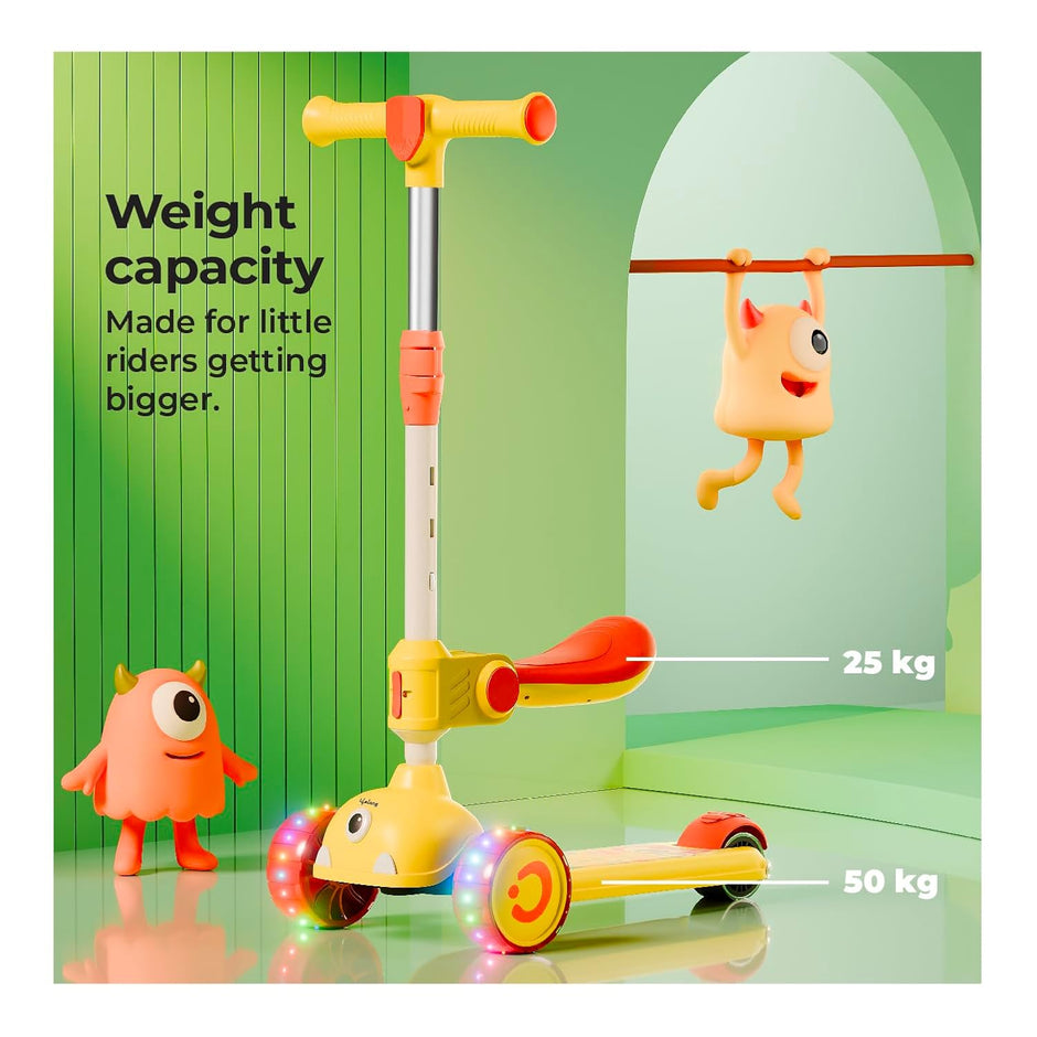 Lifelong Kids Scooter with Foldable Seat – LED PU Wheels, 4-Level Adjustable Height, BIS Certified, 50kg Capacity (Yellow & Orange)