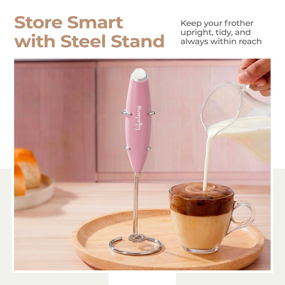 Lifelong Handheld Milk & Coffee Frother with Stand | 2AA Battery-Operated, Stainless-Steel Whisk | Foamer for Coffee, Cream, Matcha, Egg Beater | Portable Kitchen Appliance for Whipping & Mixing(Pink)