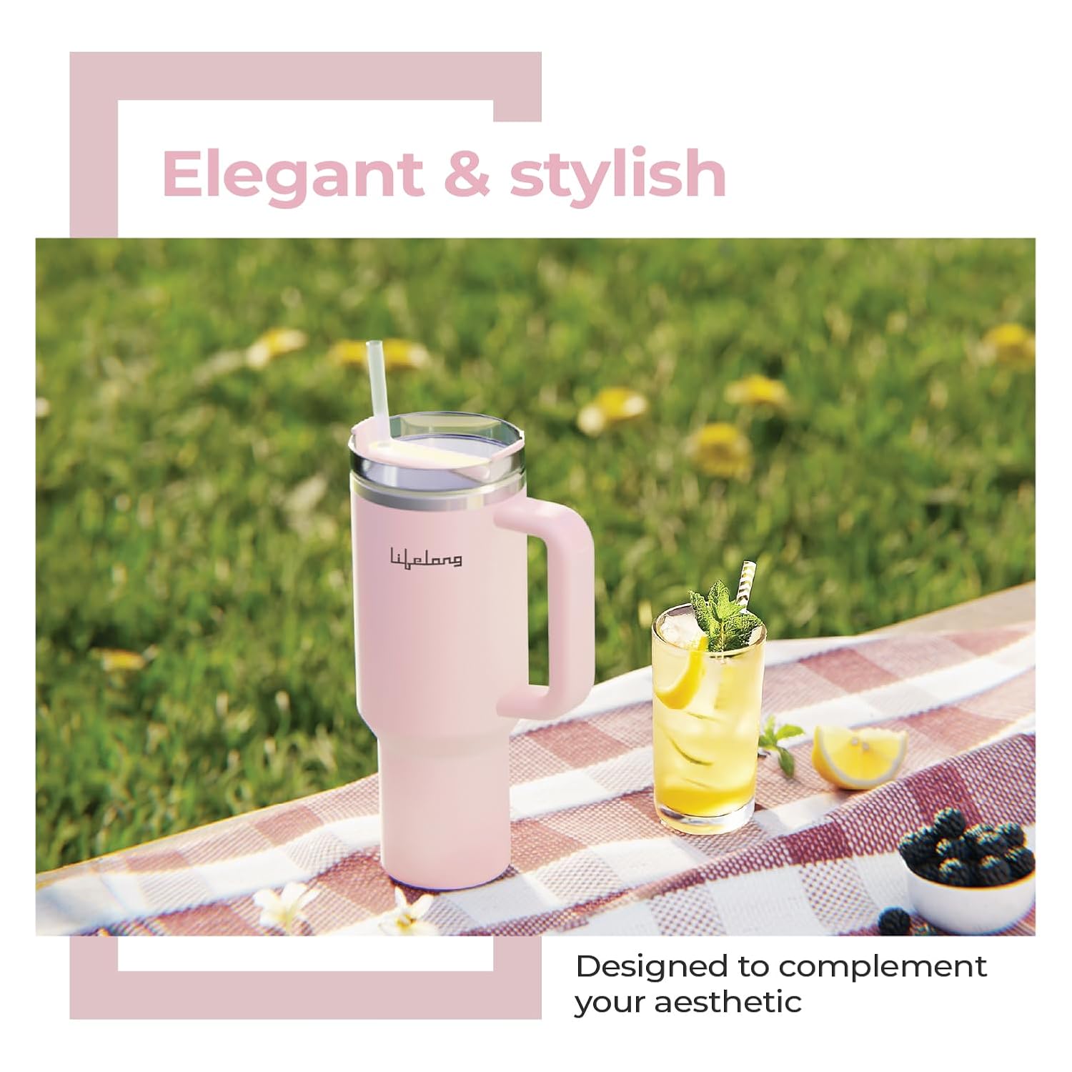 Lifelong Double-Walled Vacuum Insulated Tumblers 1200ml | Set of 2 | Unbreakable Tritan Lids, Stainless Steel Straws & Straw Cleaner | Hot 8 Hrs Cold 12 Hrs | Durable Steel with Handle (LLTBRCB1)