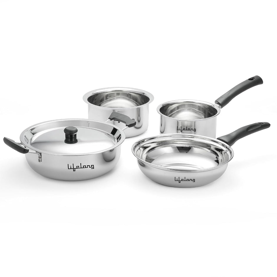 Lifelong 4 Pc Stainless Steel Cookware Set | 2.2L Kadhai with Lid 22cm | 1.4L Fry Pan 22cm | 1.2L Saucepan 14cm |1.4L Tope 16cm | Comes with Common Lid | Induction & Gas Compatible |Bakelite Handles