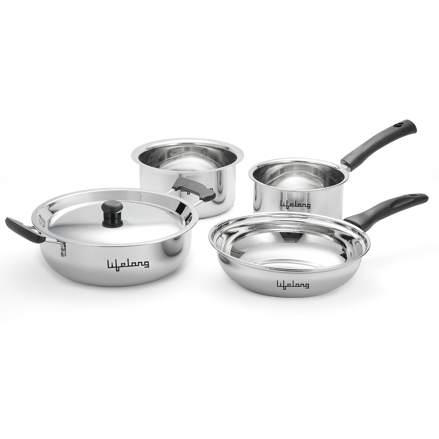 Lifelong 4 Pc Stainless Steel Cookware Set | 2.2L Kadhai with Lid 22cm | 1.4L Fry Pan 22cm | 1.2L Saucepan 14cm |1.4L Tope 16cm | Comes with Common Lid | Induction & Gas Compatible |Bakelite Handles