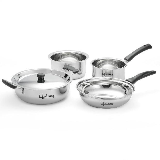 Lifelong 4 Pc Stainless Steel Cookware Set | 2.2L Kadhai with Lid 22cm | 1.4L Fry Pan 22cm | 1.2L Saucepan 14cm |1.4L Tope 16cm | Comes with Common Lid | Induction & Gas Compatible |Bakelite Handles