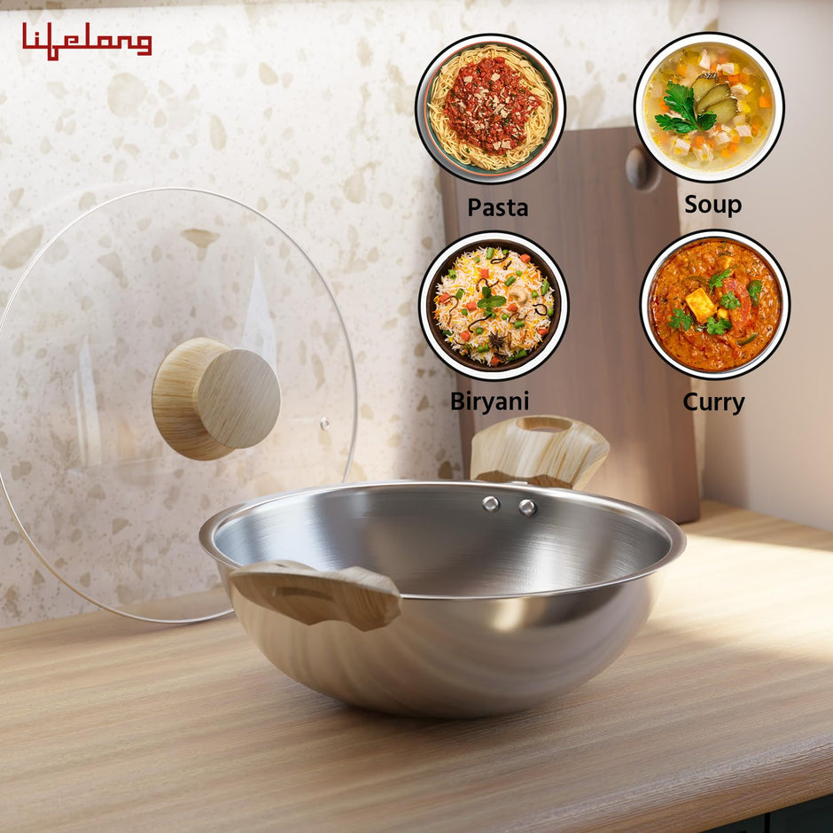 Lifelong TriPly Combo Kadhai with Lid and Roti Tawa for Cooking, Cookware Set Kadai