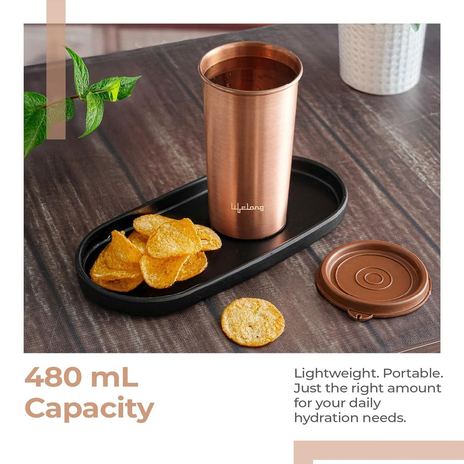 Lifelong 480ml Copper Water Tumbler with Lid | Natural Alkaline water |Leakproof & Lightweight Design Boosts Immunity |Anti-Bacterial & BPA Free |Easy to Clean with Secure Cap for School, Travel & Gym