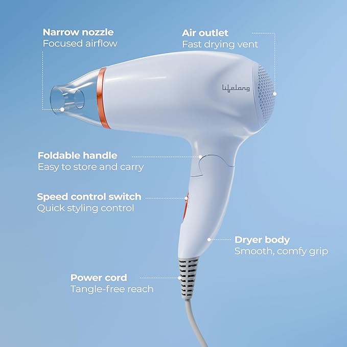 Lifelong 1200W Foldable Hair Dryer for Women & Men | Compact Travel Blow Dryer (Blue)